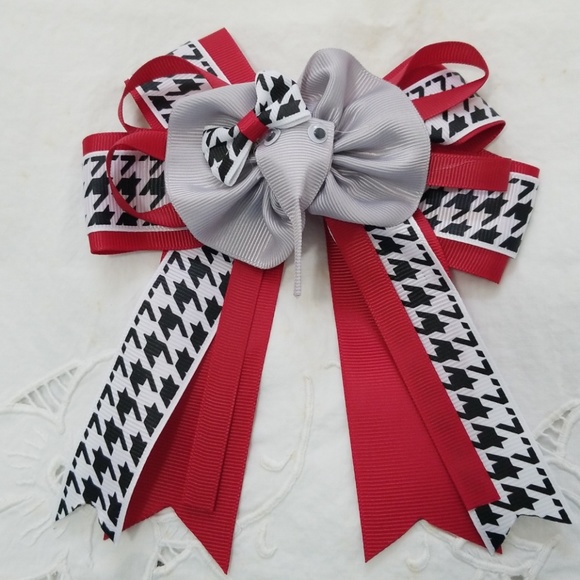 Elephant hairbow.  Red, gray and houndstooth - Picture 1 of 3